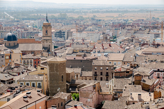 Huesca, Spain, August 2022: Panoramic view of Huesca city and surrounding landscape in Aragon