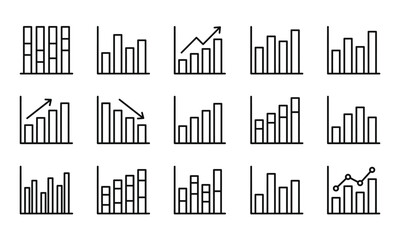 Obraz premium Set of various business bar chart icons and financial growth diagrams in a simple black line style