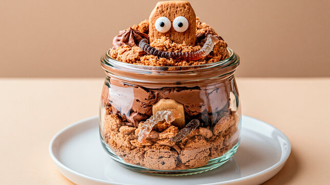 Halloween dirt cake in glass jar with chocolate cream, cookie crumbs, gummy worms and funny cookie tombstone with candy eyes