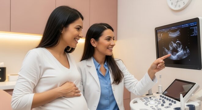 Doctor showing pregnant woman ultrasound image of baby on screen in clinic