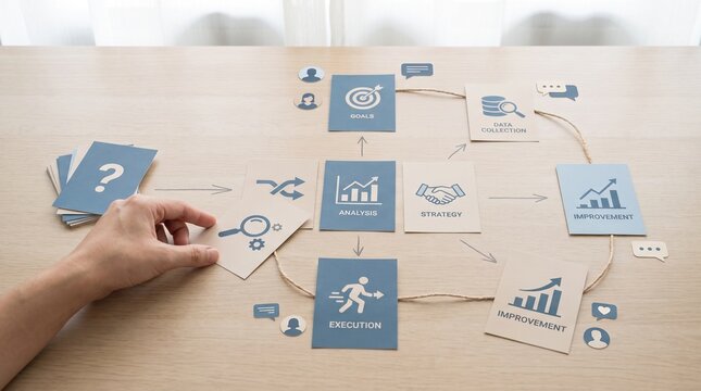 A hand placing a data collection card into an established business process flow laid out on a wooden table.