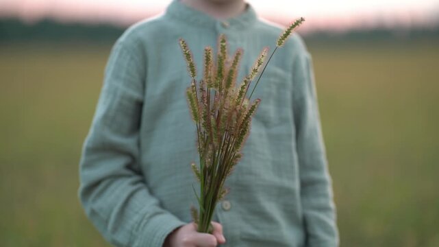 Unrecognizable boy presents bunch of wild plants in open field during golden dusk, authentic lifestyle scene of youth, harvest and serene connection to natural environment.