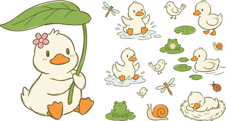 Fototapeta premium Cute Cartoon Duckling Character Set with Leaf Umbrella Puddle Splash and Pond Life Animal Friends Isolated on White Background