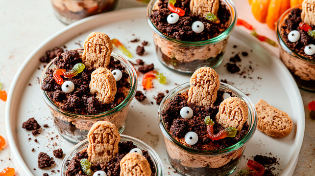 Halloween dirt cake cups with chocolate crumbs, cookie tombstones, candy eyes and gummy worms arranged as spooky graveyard desserts