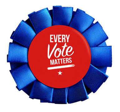 Blue award ribbon with a red button badge promoting democracy and voting, on transparent background