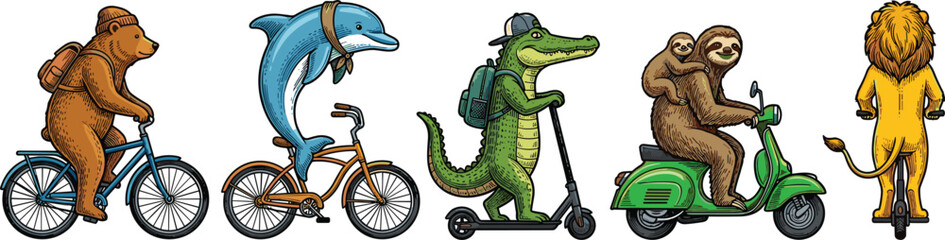 Naklejka premium Cute Cartoon Animals Riding Bicycle Scooter and Unicycle Transport Character Vector Set Isolated on White Background