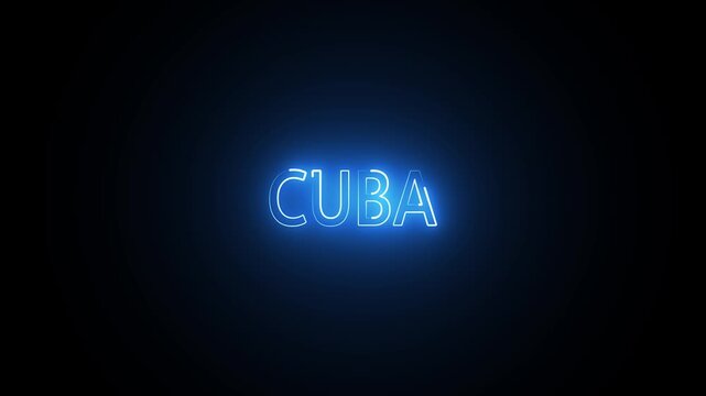 Bright blue neon sign glowing with the word cuba on a dark black background