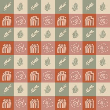 Retro botanical checkerboard seamless pattern with arches and flowers