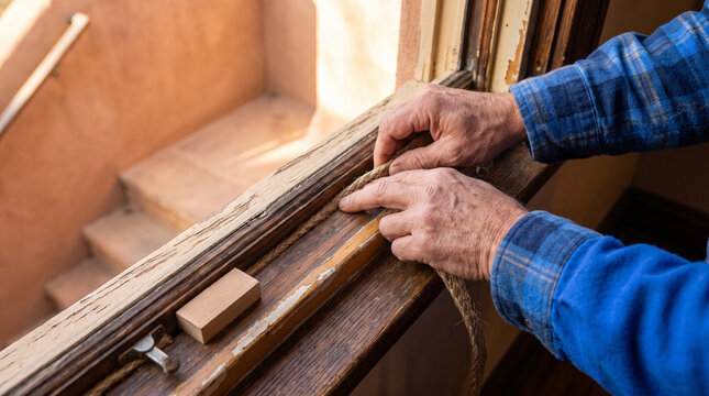 Hands seal a restored wooden window against drafts