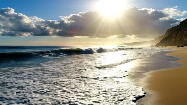 Coastal Serenity at Sunrise: The golden sun ascends over a tranquil beach, casting a warm glow on the gentle waves as they kiss the sandy shore.