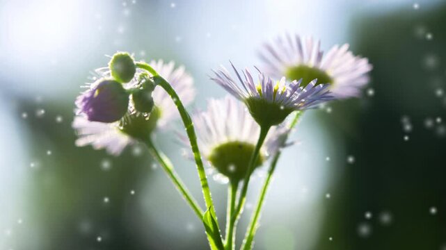 Small flowers with small petals on one green stem on blurred dark background with beams of shining sun on sunny summer day close-up. Lots small blurry white spots of fluff flying around.