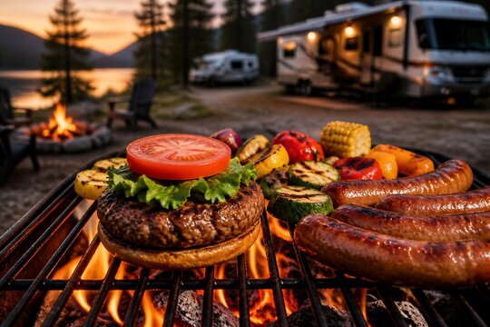 Golden sunset glows over campfire and grill. Grilled burger, sausages, veggies sizzle invitingly. Campsite features RVs, trees, and calm lake. Warmth radiates from fire and cooking food