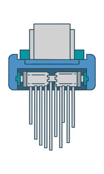 Modern paper shredder machine destroying a document into strips isolated on a white background, security and data protection concept
