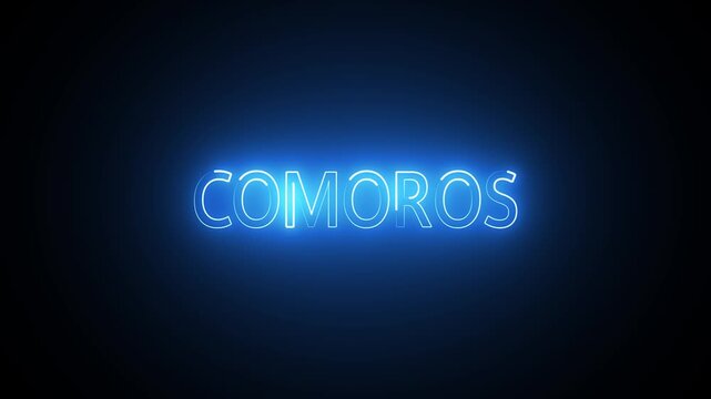 Glowing neon blue text comoros on a dark black background
