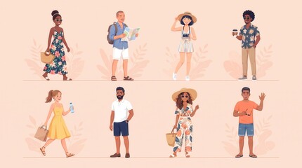 Naklejka premium Diverse group of traveling people characters set in casual summer clothing