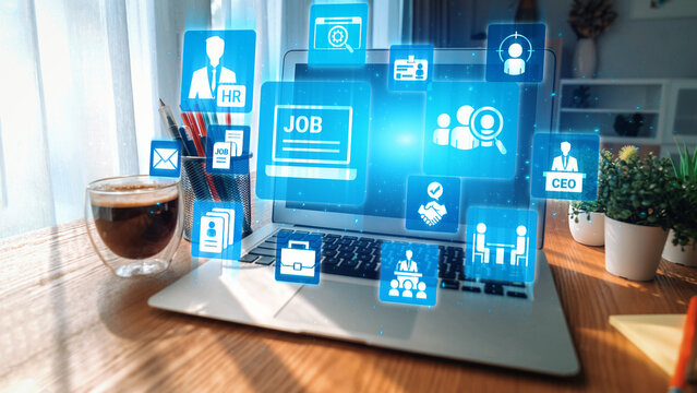 Job search icons show recruitment, HR management, and employee career growth. Job search helps organizations hire talent, job search supports skills, and job search improves workforce. Gist