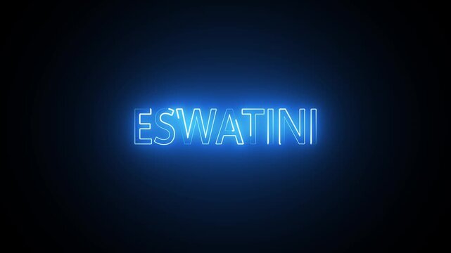 Glowing blue neon text sign of the country name eswatini on a dark background