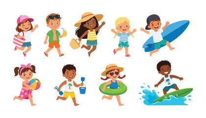 Fototapeta premium Diverse Cute Kids Summer Vacation Vector Set Featuring Happy Children Surfing, Playing with Beach Ball, Swimming, and Enjoying Tropical Travel Activities