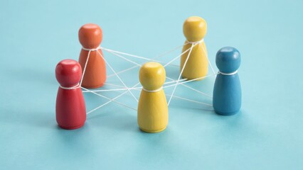 Obraz premium Colorful wooden peg figures connected with white threads on a blue background. Perfect for concepts of teamwork, networking, and social connection.