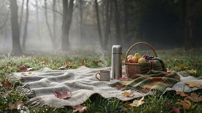 Autumn picnicdecke on the grass with warm tea, fruits, and a cozy woolen blanket in foggy forest