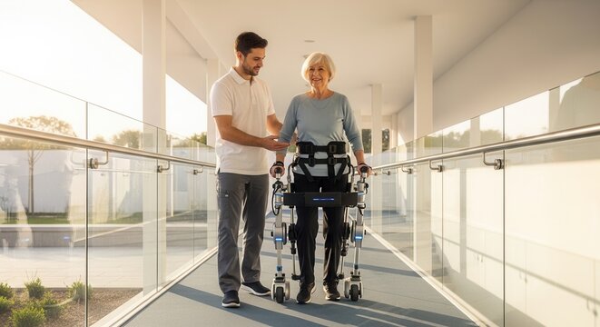 Elderly woman using advanced exoskeleton technology for mobility support, assisted by a therapist in a modern clinic hallway.