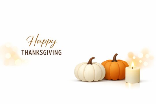 Minimal thanksgiving layout with white and orange pumpkins and candle for holiday background and banner design