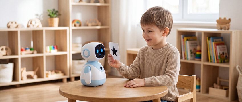 Young boy interacting with educational robot toy in bright playroom learning environment for kids