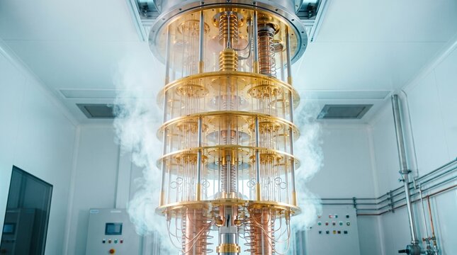 A quantum computer chandelier emitting cryogenic vapor inside a clean laboratory.
