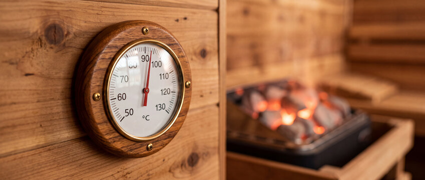 Sauna thermometer showing high temperature on wooden wall with hot stones and warm atmosphere