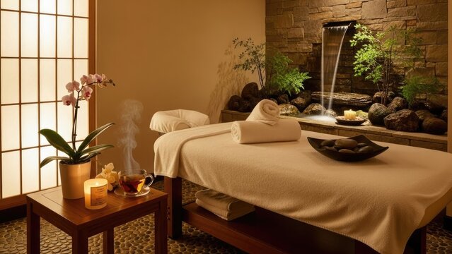 Modern spa massage room with stone wall waterfall