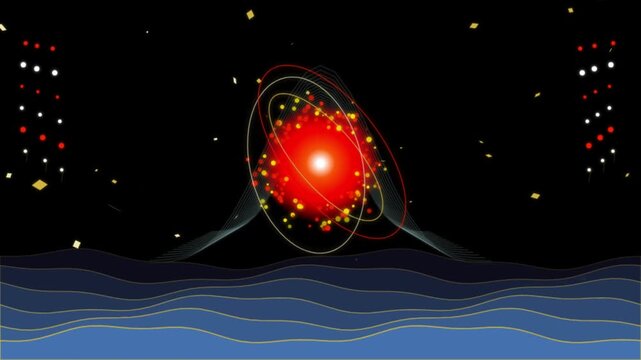 Abstract red starburst with orbiting rings over stylized waves on black on transparent background