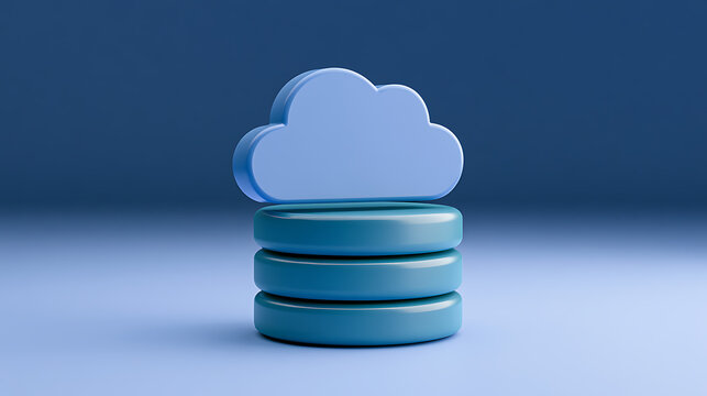 3D render of a cloud symbol positioned above a stack of database hard drives on a blue background representing digital data storage tech