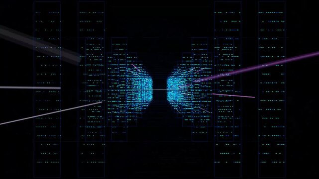Abstract data tunnel motion through digital server hallway with glowing pink light streaks and blue binary grid.