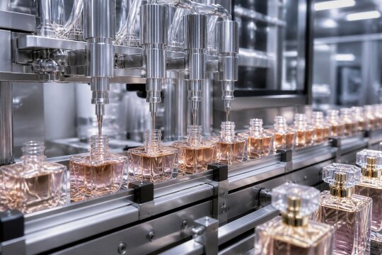Shiny glass bottles line a sleek production line. Metal nozzles fill each with golden liquid perfume. Precision machines move in perfect unison. Modern factory glows under cool industrial lighting