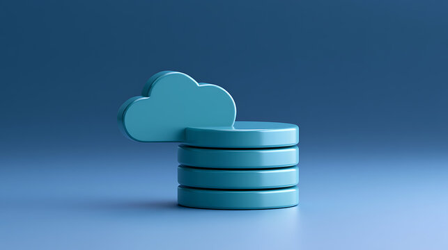 Minimalist 3D render of a database server stack paired with a cloud symbol against a solid dark blue background for tech concepts