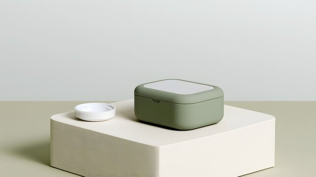 Minimalist green soap dispenser with white lid sits on textured beige pedestal against soft neutral background