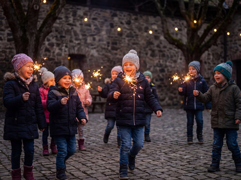 Group of children holding sparklers outdoors during winter evening