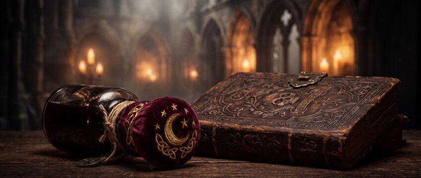 Ancient embossed spellbook with velvet moon bottle in gothic candlelit setting