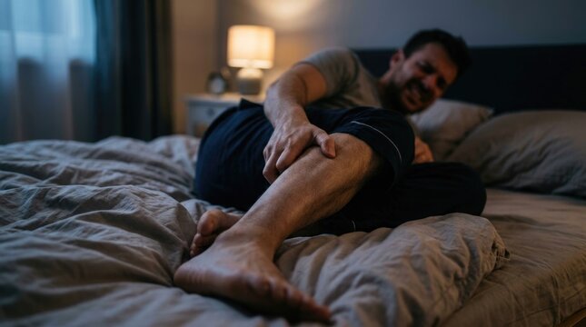 Leg cramp agony: muscle spasm, calf pain, nocturnal contraction, sudden ache, severe stiffness, night discomfort, physical strain, body fatigue, sleep disruption, unpleasant sensation.