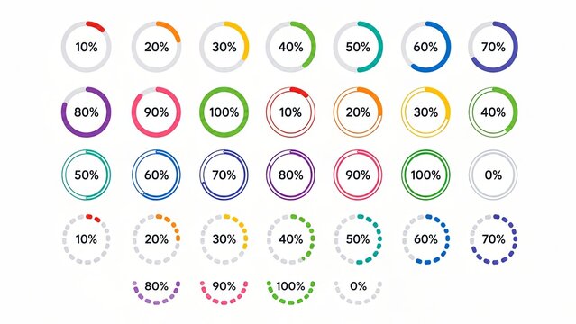 Circular Loading Progress Indicator Icon Set with Percentage Status Rings