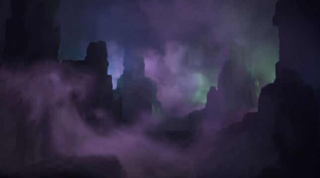 Mysterious purple haze drifting through dark rocky caverns with eerie green and blue atmospheric glow in a fantasy landscape