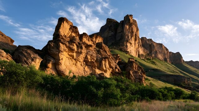 Sunlit sandstone cliffs rise above green hills under a blue sky with wispy clouds  creating a serene natural landscape