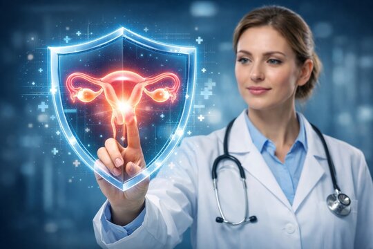 Woman doctor touching digital uterus shield for gynecology and reproductive health banner background design