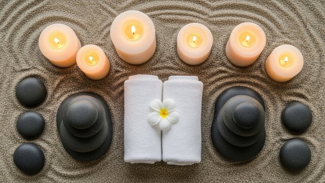 Spa wellness stones with candles and towels on sand.