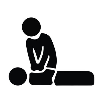 First aid CPR procedure icon with paramedic performing resuscitation. Black vector silhouette.