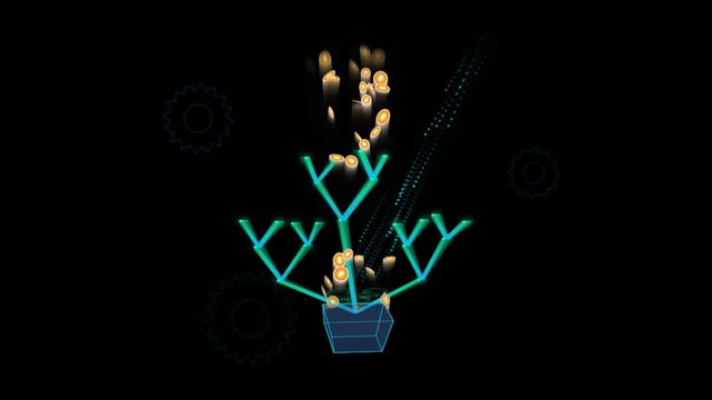 Abstract digital tree graphic growing with golden light coins in dark technological environment for financial growth.