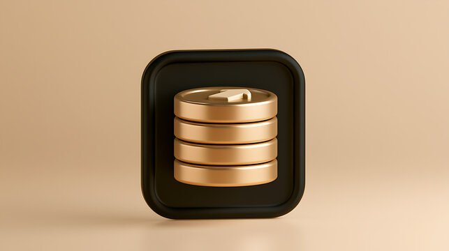 3D render of a database server rack icon with stack of golden coins inside a dark square module on a clean beige minimalist studio background