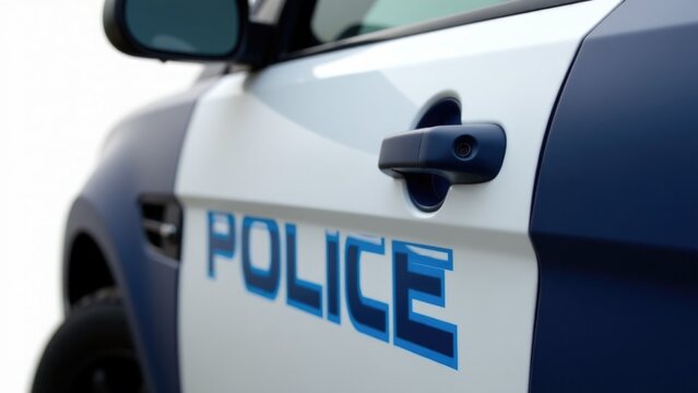A police car with the word 'police' painted on the side, suitable for use in a variety of contexts such as law enforcement, emergency services, or public safety