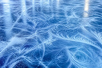 Obraz premium Frozen patterns swirl across a vibrant blue surface. Cold, delicate ice art forms elegant, flowing designs. Light glints softly off the icy texture, enhancing depth. This scene evokes quiet
