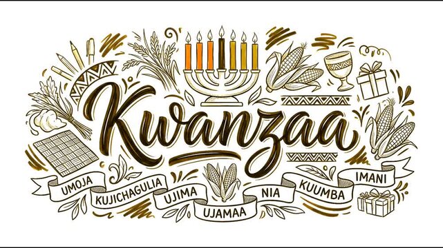 Kwanzaa African American Heritage Holiday Doodle Vector Illustration: Hand-Drawn Kinara with Red Black Green Candles, Corn Muhindi, Unity Cup, and Seven Principles Banners
